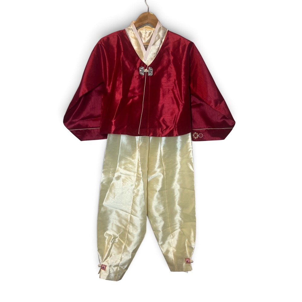 Korean Hanbok 3 Piece Set Red Cream Embroidered Jacket Pants Traditional